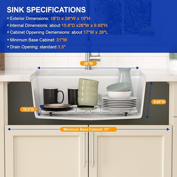 Dcolora 28 Inch White Undermount Kitchen Sink Workstation Single Bowl Modern Kitchen Sink Granite Composite,#DC-GU0003WS