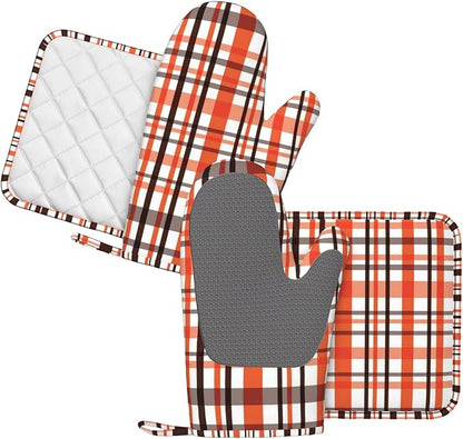 Orange Black Buffalo Plaid Fall Oven Mitts and Pot Holders Set - Image 2