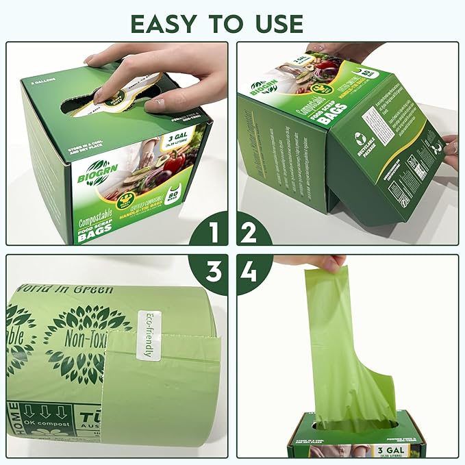 2.6-3 Gallon Compostable Trash Bags with Handles 80 Count 0.67 Mil 11.36 L Small Kitchen Wet Food Scrap Waste Compost Bag for Countertop Bin ASTM D6400 US BPI and OK Compost Home Certified