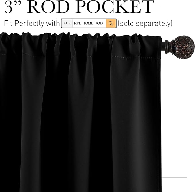 RYB HOME Black Short Curtains Blackout, 45 inch Durable Cafe Curtains Room - Image 2