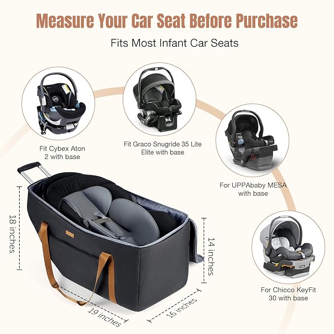 Infant Car Seat Travel Bag with Wheels Fits Chicco KeyFit 30,Nuna Pipa,UPPAbaby MESA, Padded Car Seat Bags for Airplane, Gate Check Bag with Side Pocket, Removable Cover for Air Travel, Black