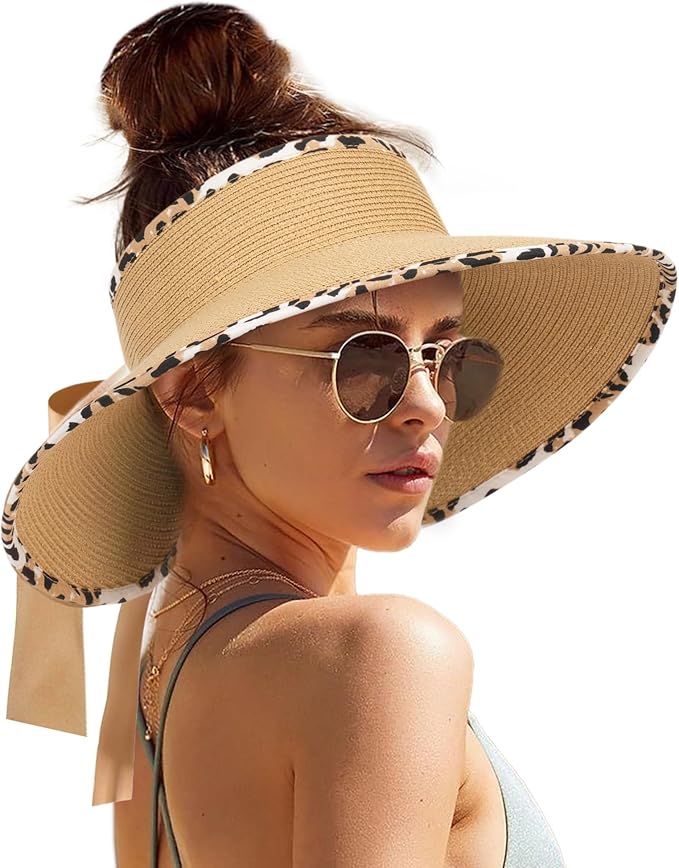 Camptrace Sun Visors for Women Wide Brim Beach Hat Foldable Straw Visor Hat Ponytail Summer Packable UPF 50+