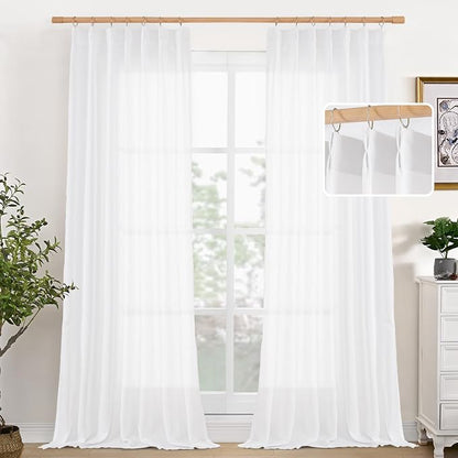 YoungsTex White Linen Curtains for Living Room 95 Inch Long 2 Panels, Semi by YoungsTex