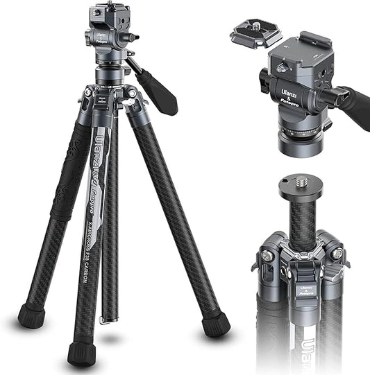 ULANZI F38 Video Travel Tripod, 61.4" Lightweight Carbon Fiber Camera Tripod with Quick Release 1/4" Screw & Video Head, for Most Cameras/DSLR/Projector, Weight 2.38lbs, Maxload 22lbs