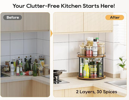 12.4" Lazy Susan Organizer 2 Tier, Rotating Spice Rack, Wooden Spinning Spice - Image 2
