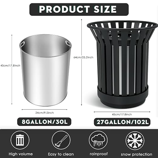 Round Heavy Duty Outdoor Trash Can, Large Metal Slatted Garbage Can - Image 2