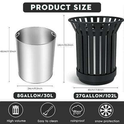 Round Heavy Duty Outdoor Trash Can, Large Metal Slatted Garbage Can - Image 2