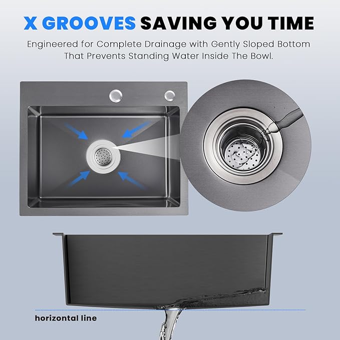 POPFLY 24 Inch Drop In Kitchen Sink, 24×18 Inch Top mount 304 Stainless Steel Bar or Prep Small Single Bowl Sink 18 Gauge Handmade Outdoor Black Rv Sink