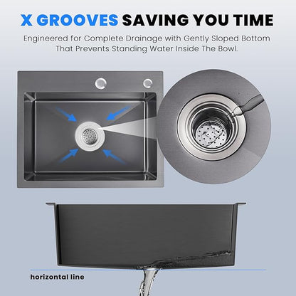 POPFLY 24 Inch Drop In Kitchen Sink, 24×18 Inch Top mount 304 Stainless Steel Bar or Prep Small Single Bowl Sink 18 Gauge Handmade Outdoor Black Rv Sink