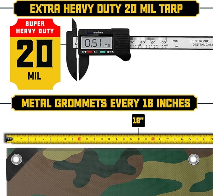 Core Tarps Extreme Heavy Duty 20 Mil Tarp Cover, Waterproof, UV Resistant, Rip and Tear Proof, Poly Tarpaulin with Reinforced Edges for Roof, Camping, Patio, Pool, Boat (Camouflage/Green 24′ X 30′)