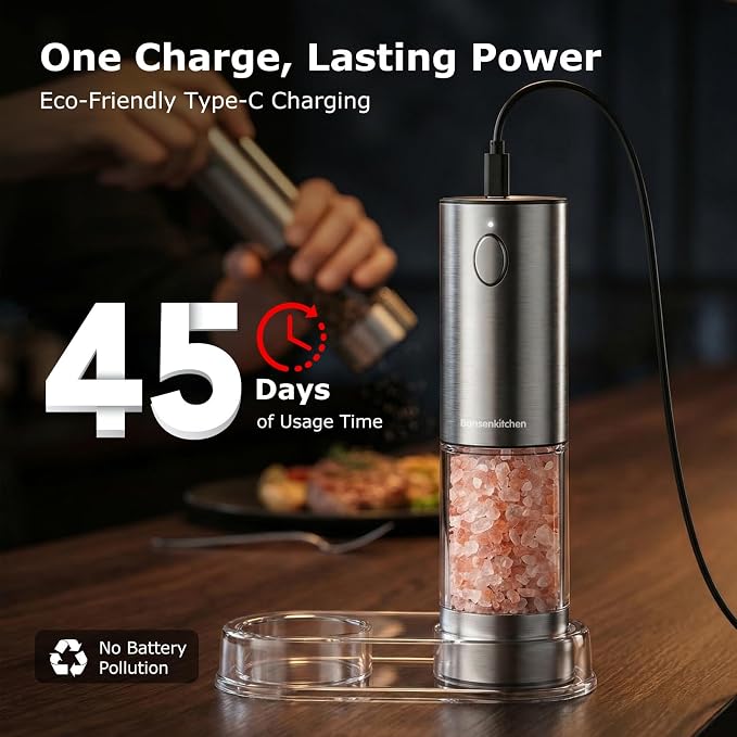 Bonsenkitchen Electric Salt and Pepper Grinder Set Rechargeable, 95ml Large - Image 4