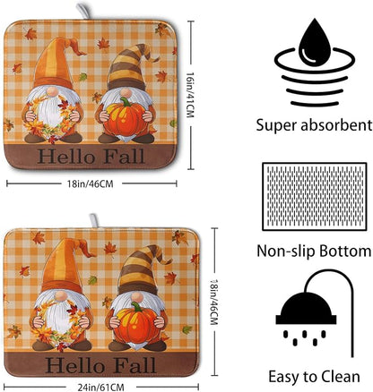 Hello Fall Autumn Gnomes Dish Drying Mat 18x24 Thanksgiving Pumpkin Maple - Image 2