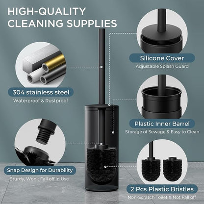 FORIOUS Toilet Brush and Holder Set Black, Heavy Duty 304 Stainless Steel Base - Image 2