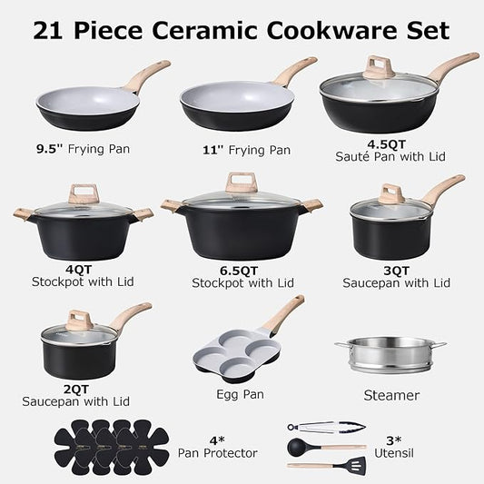 CAROTE 21pcs Pots and Pans Set Nonstick, Cookware Set Black Induction Kitchen - Image 2