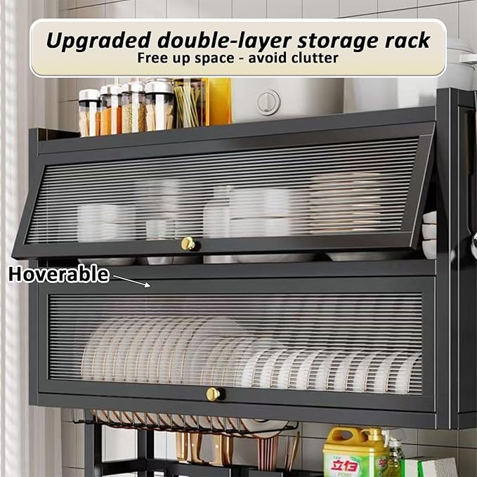 Dish Drying Rack 4 Tiers with Cover, Keep Kitchen Sink Shlef Organized Space-Saving Dish Drying Rack, for Dishes, Glasses, Bowls, Cutlery (black, W-33.5)