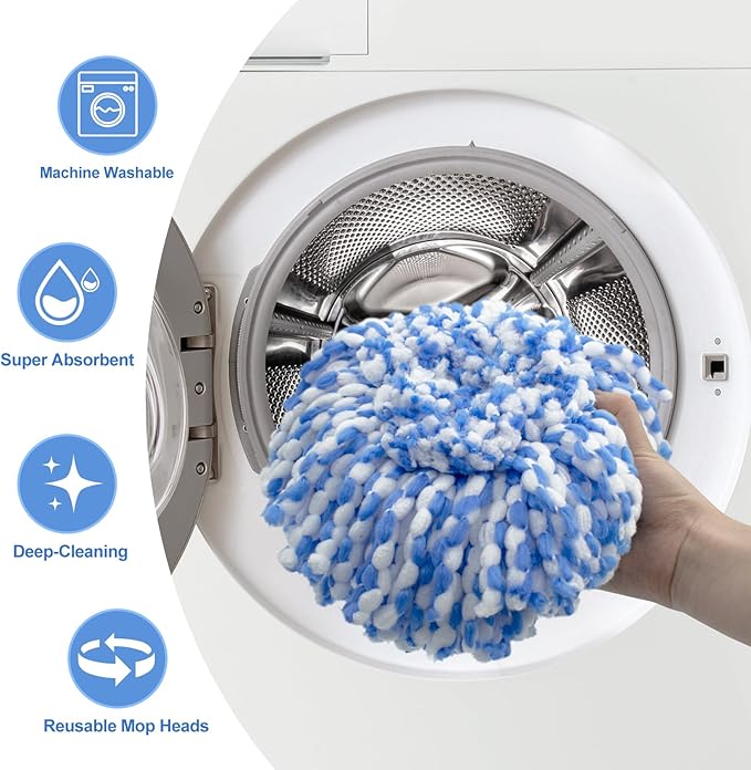Spin Mop Replace Head, Mop Handle and Base Compatible with Ocedar RinseClean 2-Tank System, 3 Mop Replacement Head, 4-Section Sturdy Iron 30-58in Mop Handle and 1 Triangle Mop Head Cover Combo Set