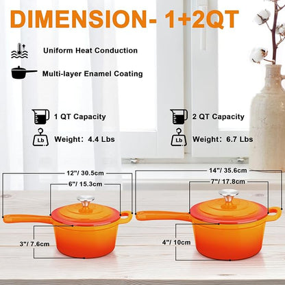 Enameled Cast Iron Sauce Pan, Leonyo 1 Qt & 2 Qt Saucepan Set, Cast Iron Dutch - Image 2
