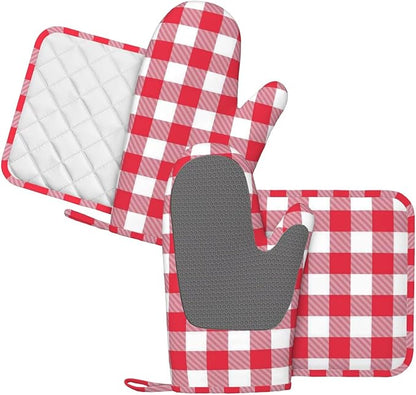 Red and White Checkered Oven Mitts and Pot Holders Set - Image 2