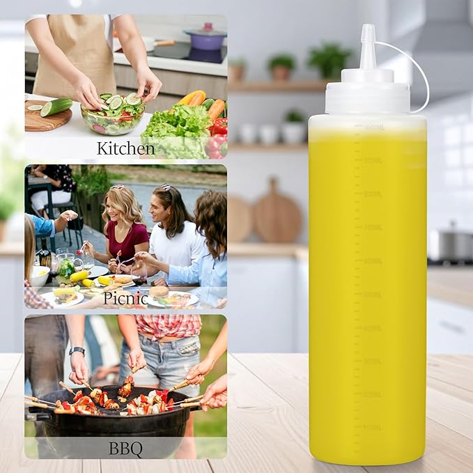 Condiment Squeeze Bottles Ketchup Dispenser, 4 Pack 32oz Squeeze Bottles for Liquids, Plastic Sauce Bottle with Cap Lid, Squirt Bottles for Sauces Liquids BBQ Dressing Pancake Art