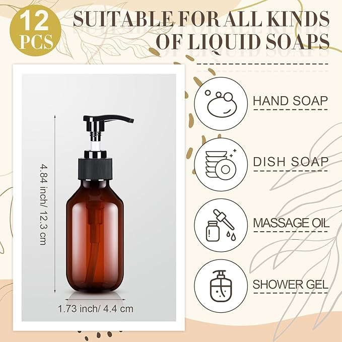 Tessco for you 12 Pack Amber Soap Dispenser Empty Plastic Pump Bottles Dispenser Refillable Shampoo Container for Hand Sanitizer Soap Lotion Body Wash Conditioner Bathroom Kitchen Travel(3.4 Oz)