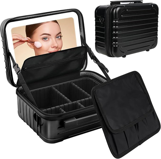 Kalolary Travel Makeup Train Cases,Makeup Bag with 3 Color Lighted Mirror Cosmetic Case Organizer Bag with Adjustable Dividers & Shoulder Strap 3 Layer Portable Makeup Storage Box for Women,Black