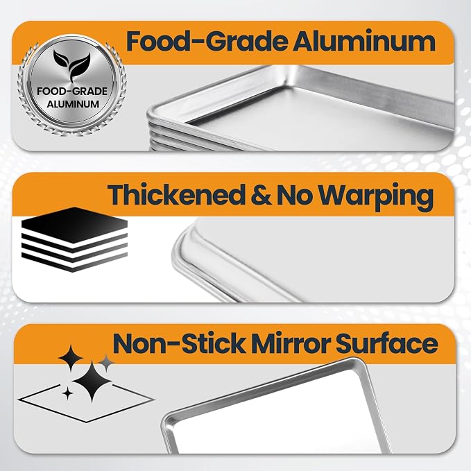 6 Pack Quarter Size Baking Sheet Pan, Aluminum Commercial Cookie Sheet Pan - Image 3