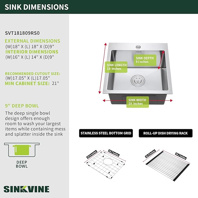 18-Inch Bar Sink Drop-In, SINKVINE Stainless Steel Kitchen Sink for Laundry Outdoor, RV, Top Mounted with Deep Single Bowl, 3.5" Drain Strainer, Bottom Rise Grid, Roll-up Drying Unit, 18 x 18 inch