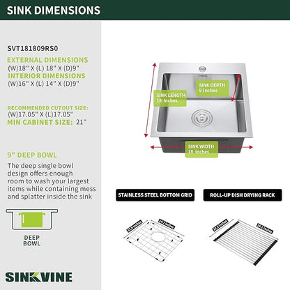18-Inch Bar Sink Drop-In, SINKVINE Stainless Steel Kitchen Sink for Laundry Outdoor, RV, Top Mounted with Deep Single Bowl, 3.5" Drain Strainer, Bottom Rise Grid, Roll-up Drying Unit, 18 x 18 inch