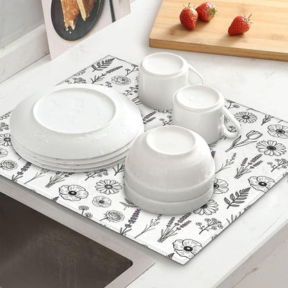Black and White Floral Aesthetics Dish Drying Mat, - Image 2