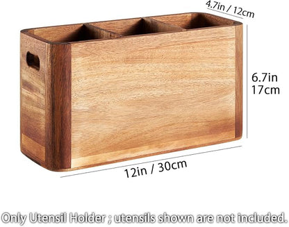 12" Wooden Kitchen Utensil Holder, Extra Large Acacia Wood Organizer - Image 2