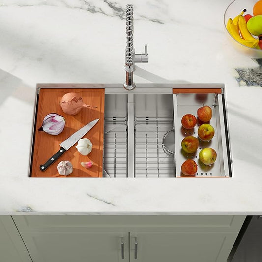 Dcolora 33 In. Double Bowl Kitchen Sink Undermount Sink Workstation Stainless Steel 50/50 Split Low Divided 16 Gauge Under Counter Basin, 33"x19"x10",DC-U-1111