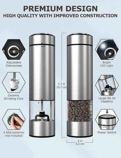 innhom Electric Salt Grinder Pepper Grinder Battery Operated Stainless Steel - Image 2
