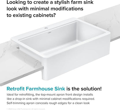 KRAUS Bellucci 33” Workstation Drop In Retrofit Farmhouse Single Bowl Granite Kitchen Sink in White with Accessories
