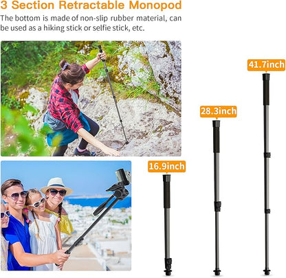 Camera Tripod 66.7 Inch, Patented 3-Way Rotating Portable Cameras Stand Professional Aluminum Travel Phone Camera Mount Monopod for Camera, Smartphone, Suitable for Various Live Vlogging
