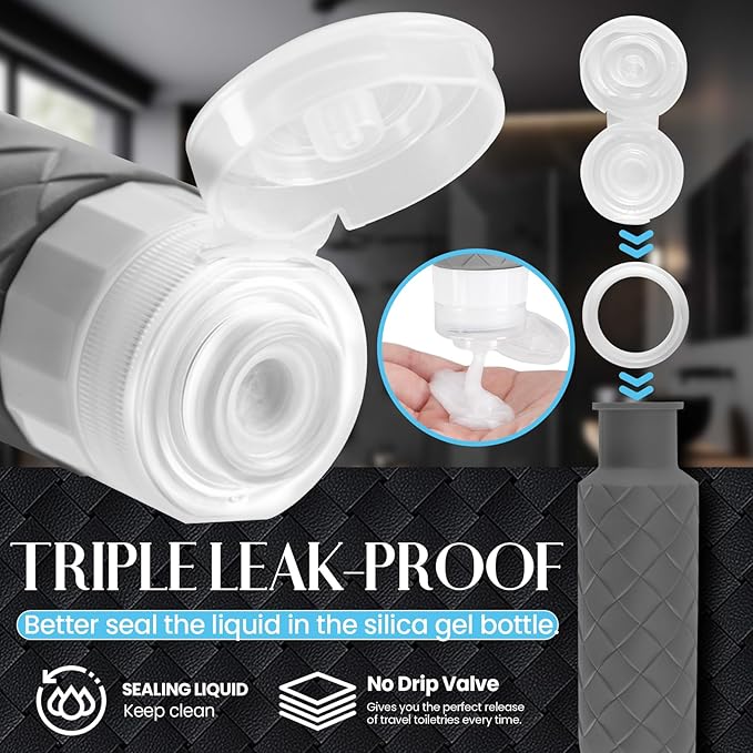 Travel Bottles for Toiletries, TSA Approved Silicone Travel Size Containers for Toiletries, BPA Free Leak Proof Refillable Essentials Accessories, Shampoo and Conditioner Bottles (Gray)