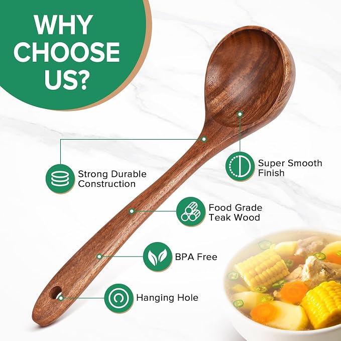 Wooden Soup Spoon for Cooking, Teak Acacia Soup Ladle, Non-Toxic Natural Wood - Image 3