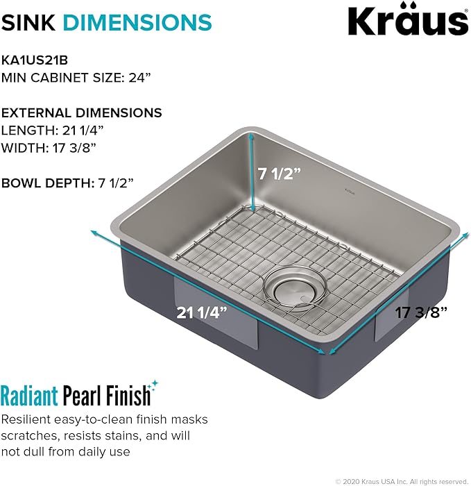KRAUS Dex 21-inch Undermount 16 Gauge Stainless Steel Single Bowl Kitchen Sink, KA1US21B