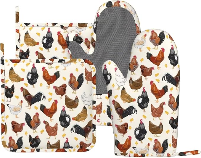 Rooster Hen Oven Mitts and Pot Holders Sets Silicone Rustic Domestic Animal by MIFSOIAVV