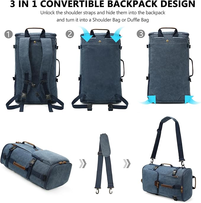 G-FAVOR 40L Travel Backpack, Vintage Canvas Rucksack Convertible Duffel Bag Carry On Backpack Fit for 17.3 Inch Laptop Bag, Blue