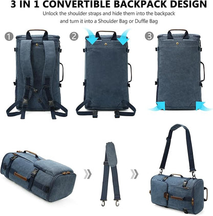 G-FAVOR 40L Travel Backpack, Vintage Canvas Rucksack Convertible Duffel Bag Carry On Backpack Fit for 17.3 Inch Laptop Bag, Blue