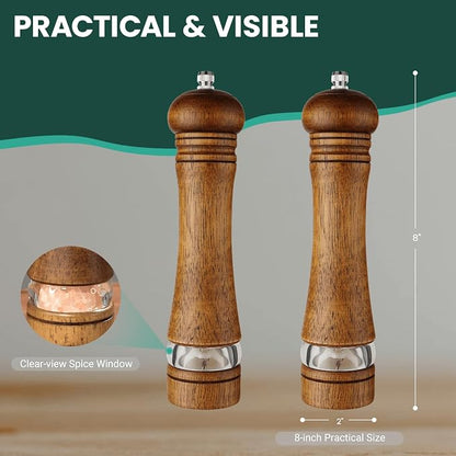 2-Piece Salt and Pepper Grinder Set, 8 Inch Wooden Salt and Pepper Mills - Image 5