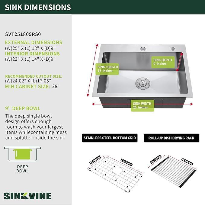 25-Inch Drop-In Kitchen Sink, SINKVINE 25" x 18" Stainless Steel Indoor and Outdoor Sink, Top Mount Large Deep Single Bowl Sink for Laundry Room, with Drain Strainer, Bottom Grid, Roll-up Drying Unit