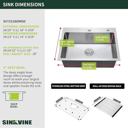 25-Inch Drop-In Kitchen Sink, SINKVINE 25" x 18" Stainless Steel Indoor and Outdoor Sink, Top Mount Large Deep Single Bowl Sink for Laundry Room, with Drain Strainer, Bottom Grid, Roll-up Drying Unit