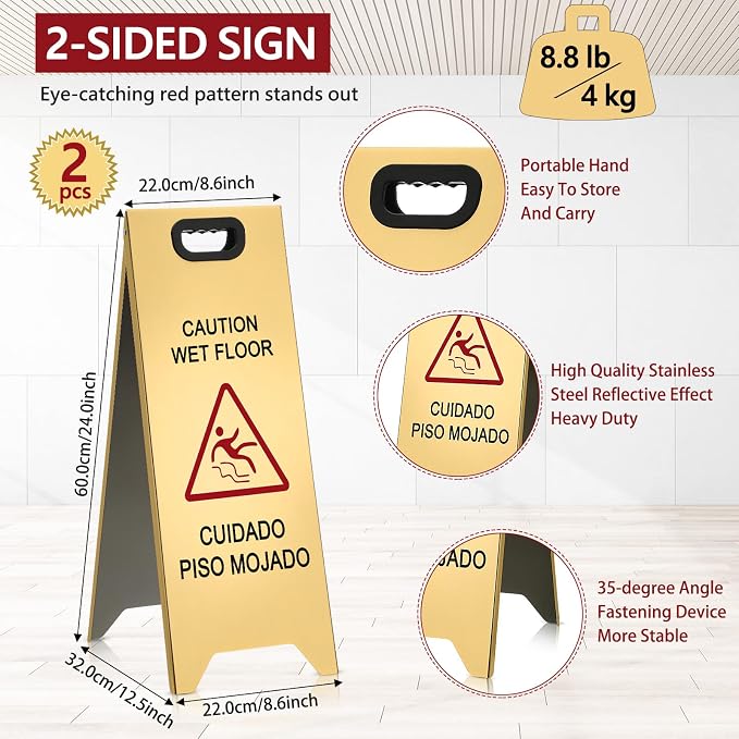 2 Pcs 24 Inch Stainless Steel Wet Floor Sign, Heavy Duty Caution Wet Floor Sign - Image 2