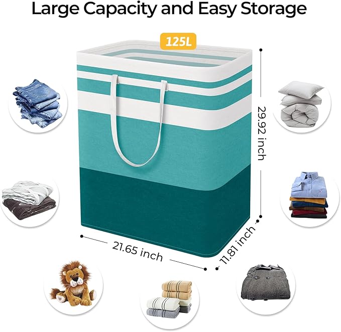 HomeHacks 2-Pack Large Laundry Basket, Waterproof, Freestanding Laundry Hamper, Collapsible Tall Clothes Hamper with Extended Handles for Clothes Toys in the Dorm and Family (Green, 125L)