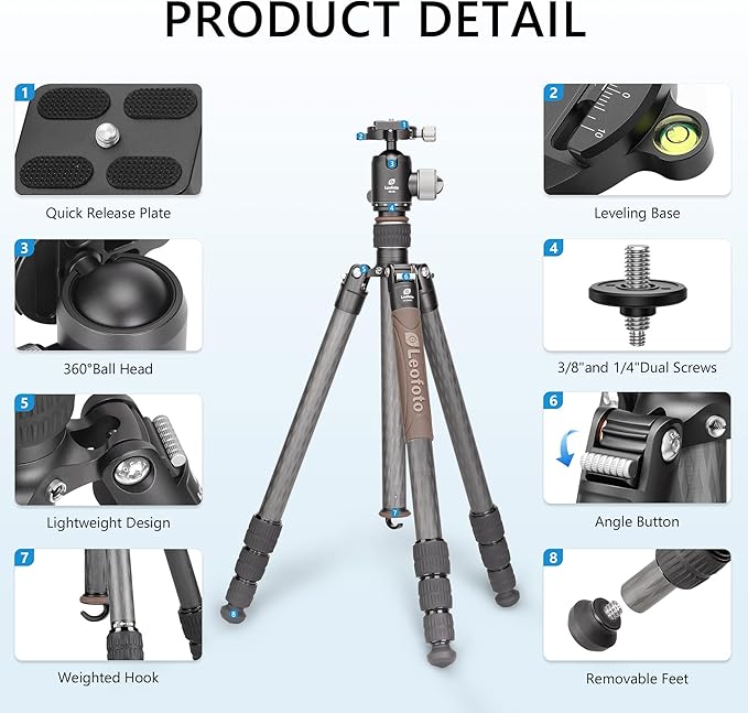 Carbon Fiber Lightweight Travel Tripod with Ball Head, Removable Center, Maxload 10kg, Weight 1.66kg, Folded 470mm (LX-284CT+XB-38)