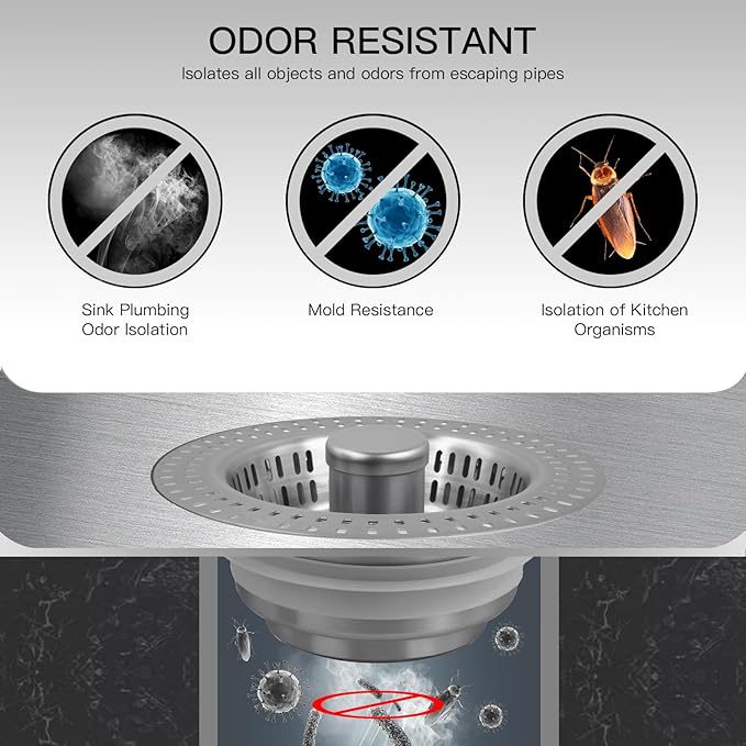 3 in 1 Kitchen Sink Drain Strainer Stopper, Stainless Steel Pop Up Sink Stopper with Anti-Clogging Basket Strainer Width 3.07" Height 1.77 for Deep Sink (Silver)