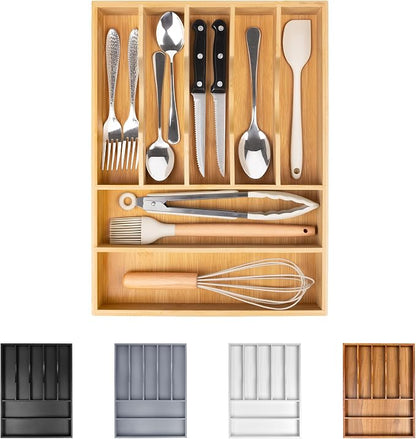 Bellsal Bamboo Silverware Drawer Organizer, Kitchen Utensil Drawer Organizers by Bellsal