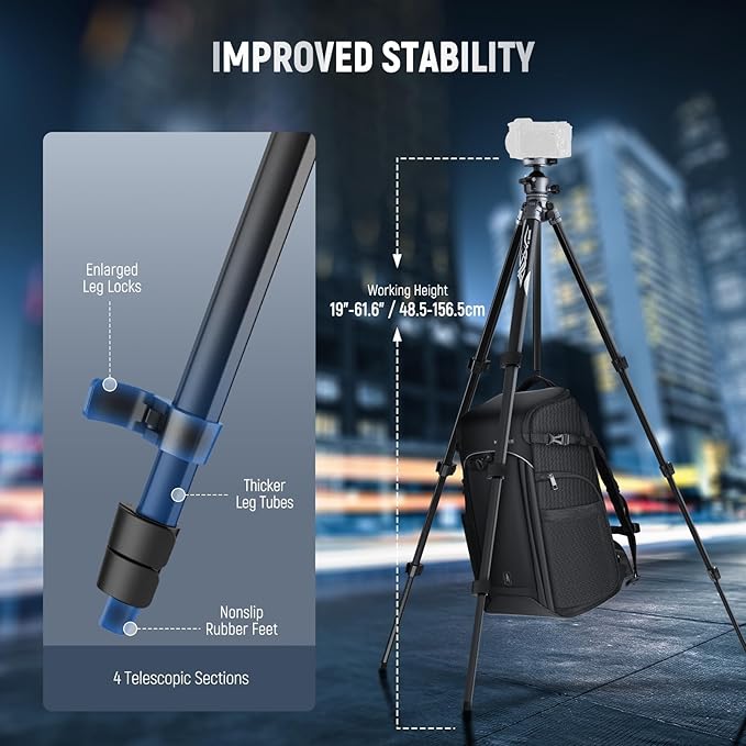 NEEWER LITETRIP LT07 61" Aluminum Travel Tripod for Camera w Pan Tilt Low Profile Ball Head, Arca QR Plate Compatible with Peak Design Tripod Plate V3, Dual Center Axis, Phone Holder, Max Load 22lb