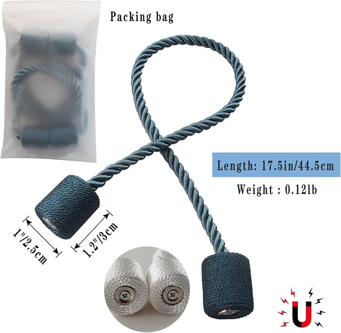 Magnetic Curtain Tiebacks 4 Pack Blue Curtain Rope Tieback Curtain Holders - Image 2